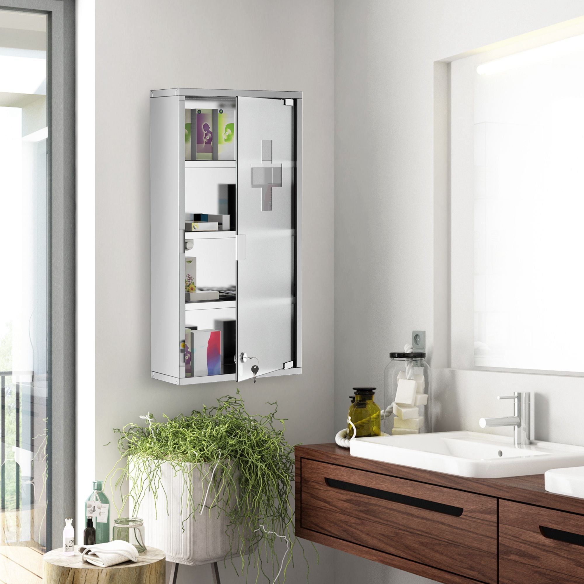 HOMCOM 12 x 24 in Lockable Stainless Steel Medicine Cabinet, Silver