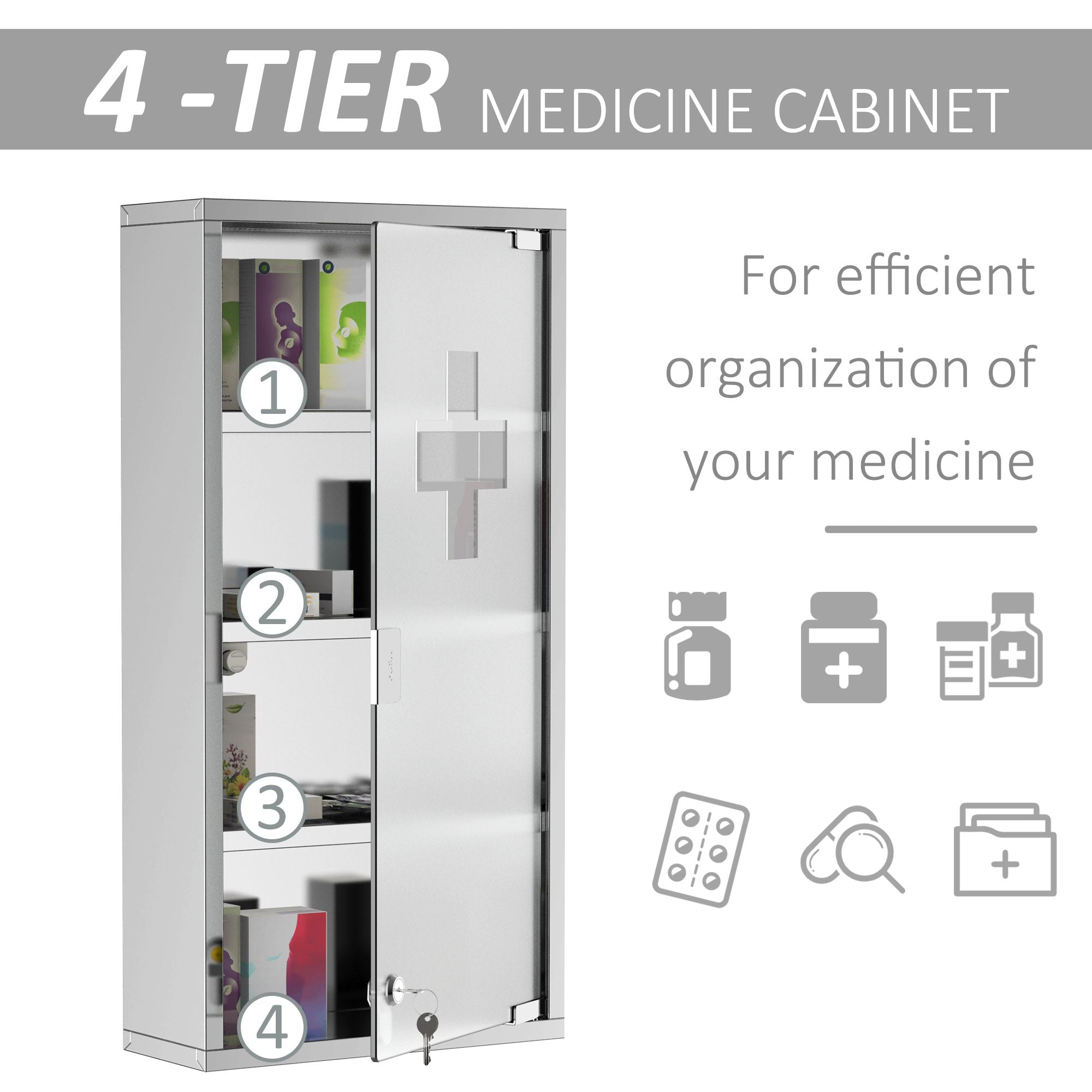 HOMCOM 12 x 24 in Lockable Stainless Steel Medicine Cabinet, Silver
