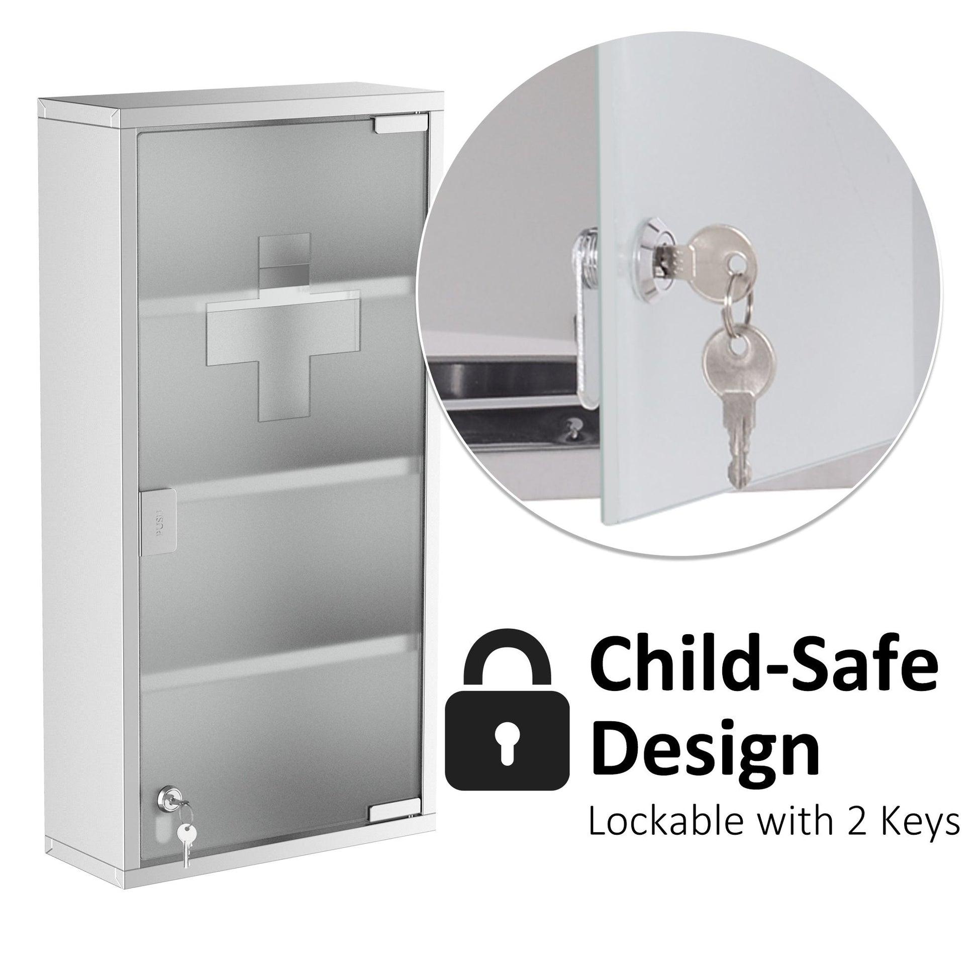 HOMCOM 12 x 24 in Lockable Stainless Steel Medicine Cabinet, Silver