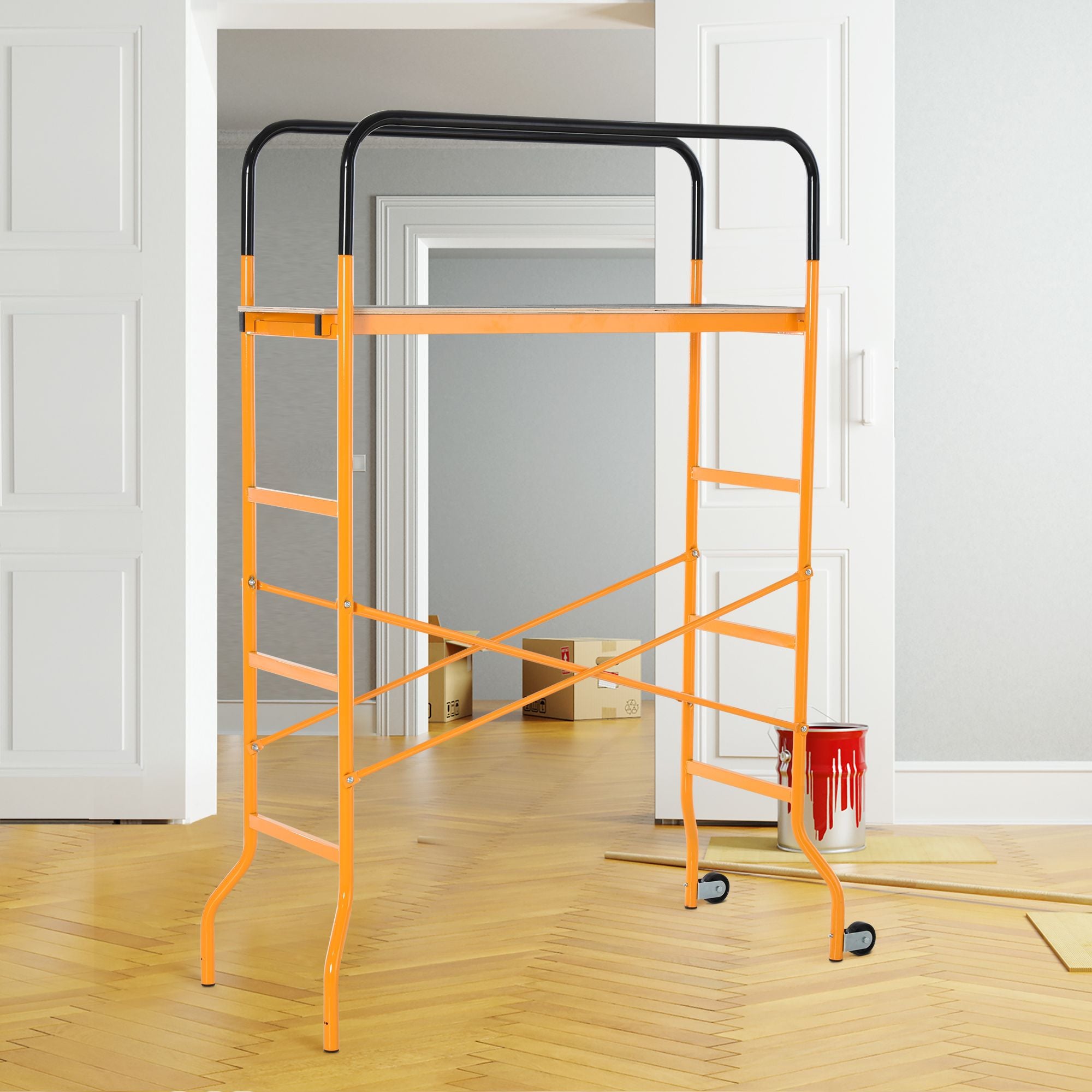 HOMCOM 4-Step Steel Mobile Scaffold Work Platform, Black & Yellow
