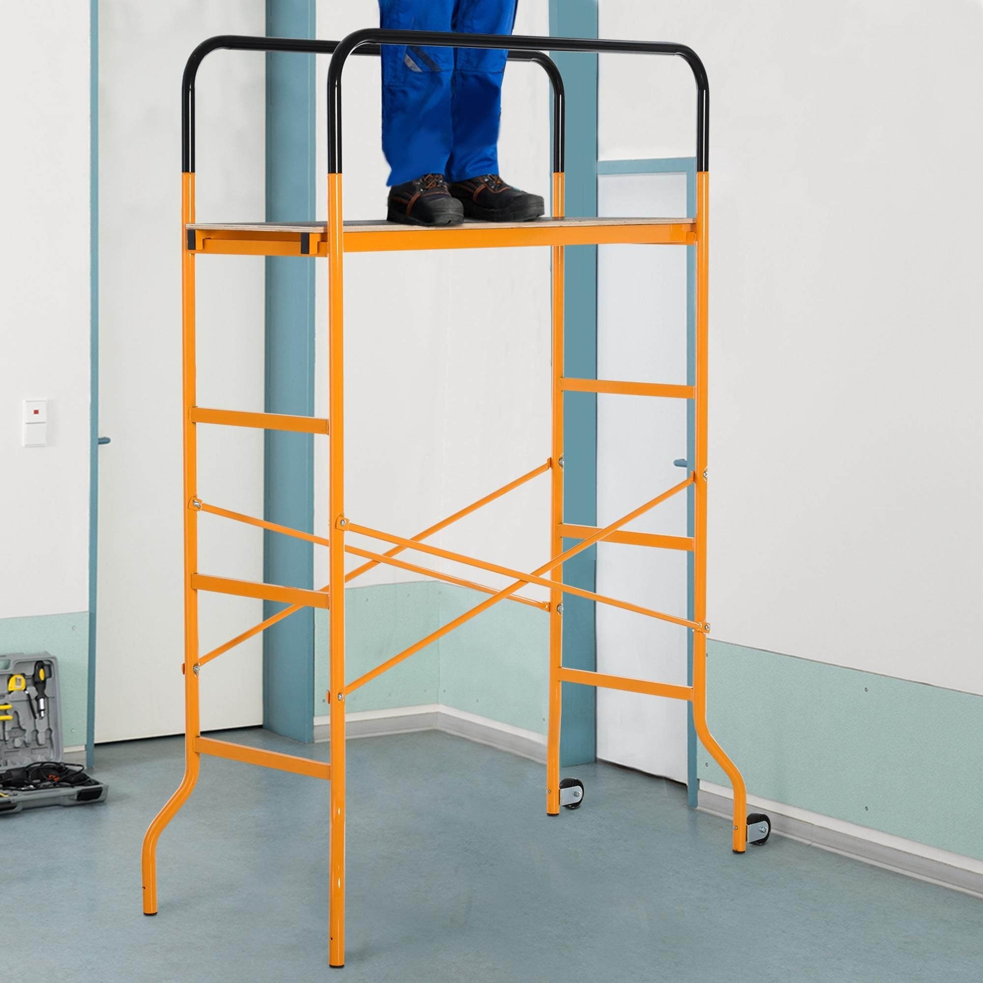 HOMCOM 4-Step Steel Mobile Scaffold Work Platform, Black & Yellow
