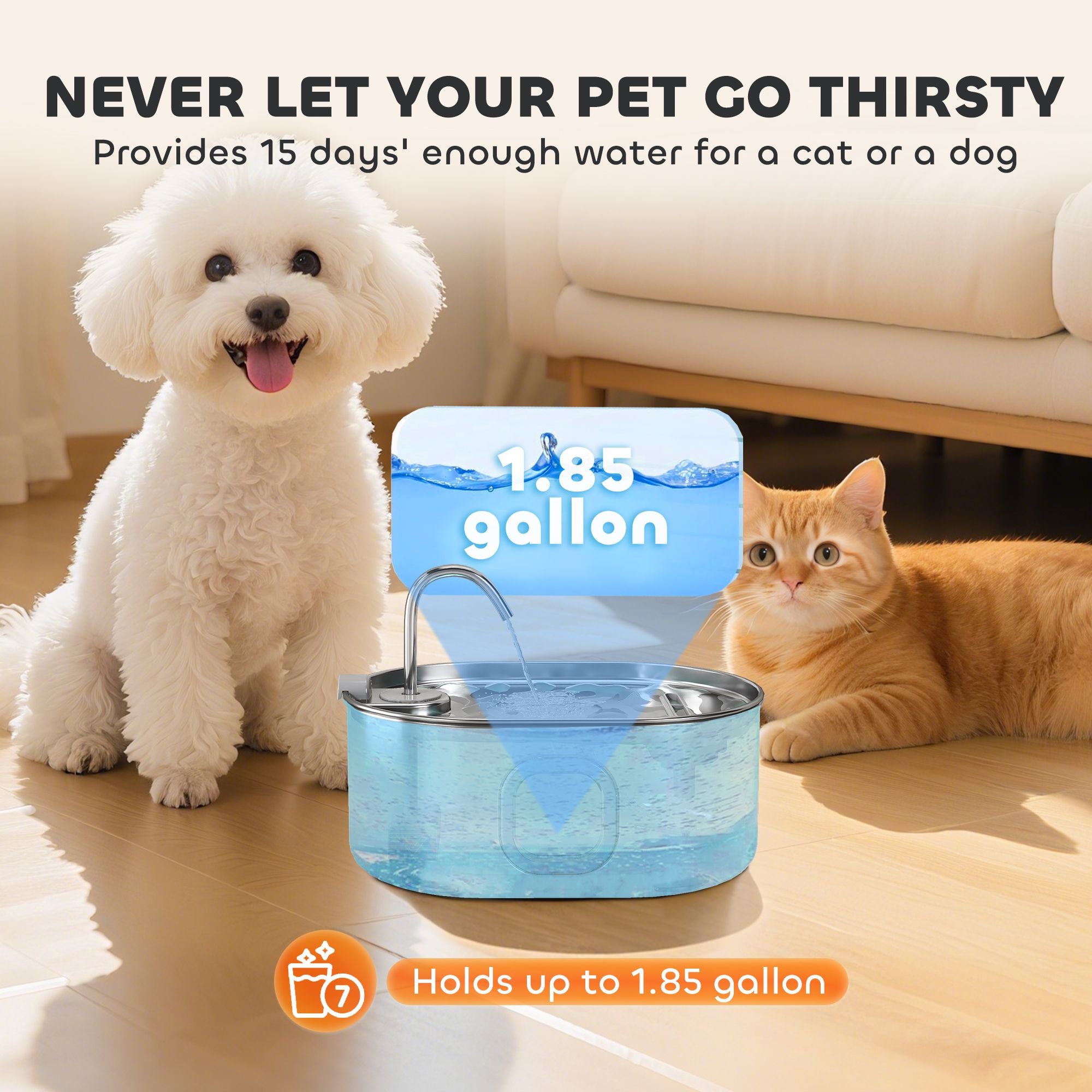 PawHut 7L Stainless Steel Pet Water Fountain with Filters and Quiet Pump - product view 6