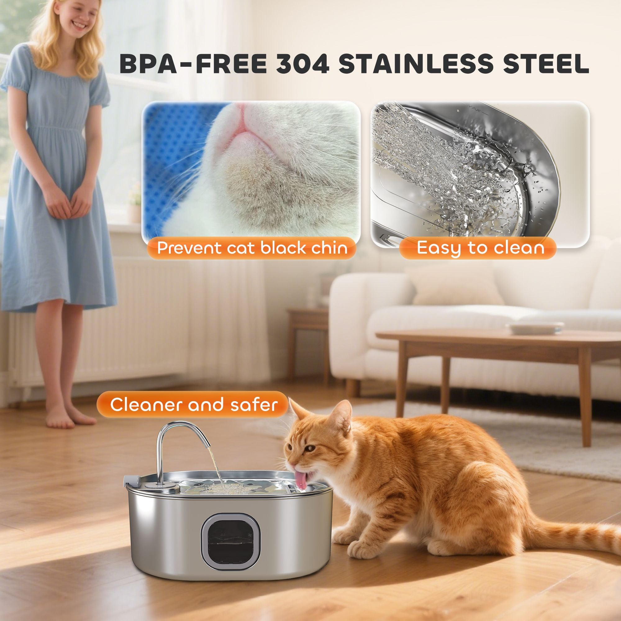 PawHut 7L Stainless Steel Pet Water Fountain with Filters and Quiet Pump - product view 4