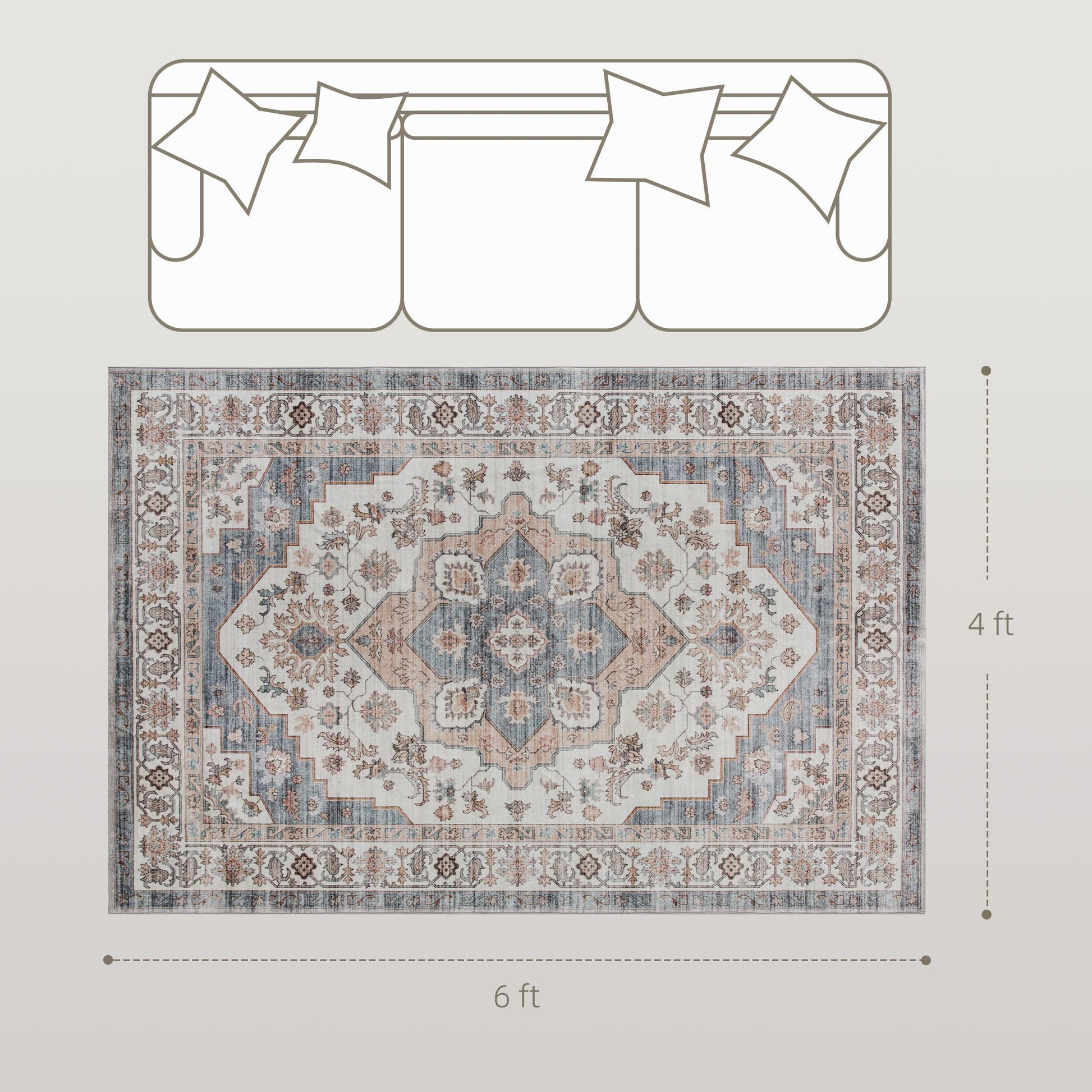 HOMCOM 4 x 6 ft Vintage Washable Area Rug with Non-Slip Backing