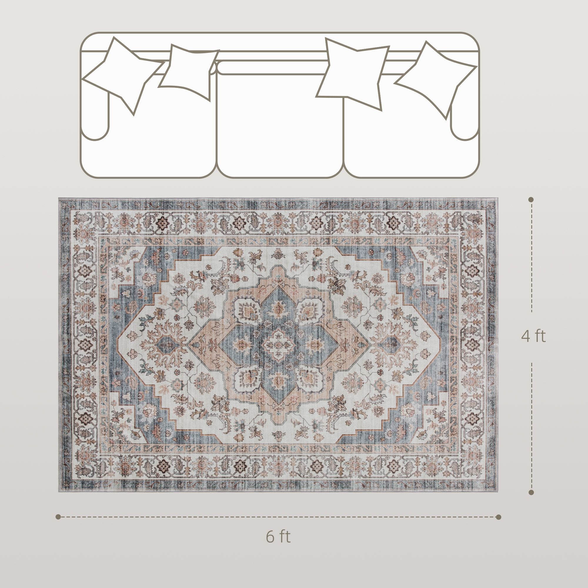 HOMCOM 4 x 6 ft Vintage Washable Area Rug with Non-Slip Backing
