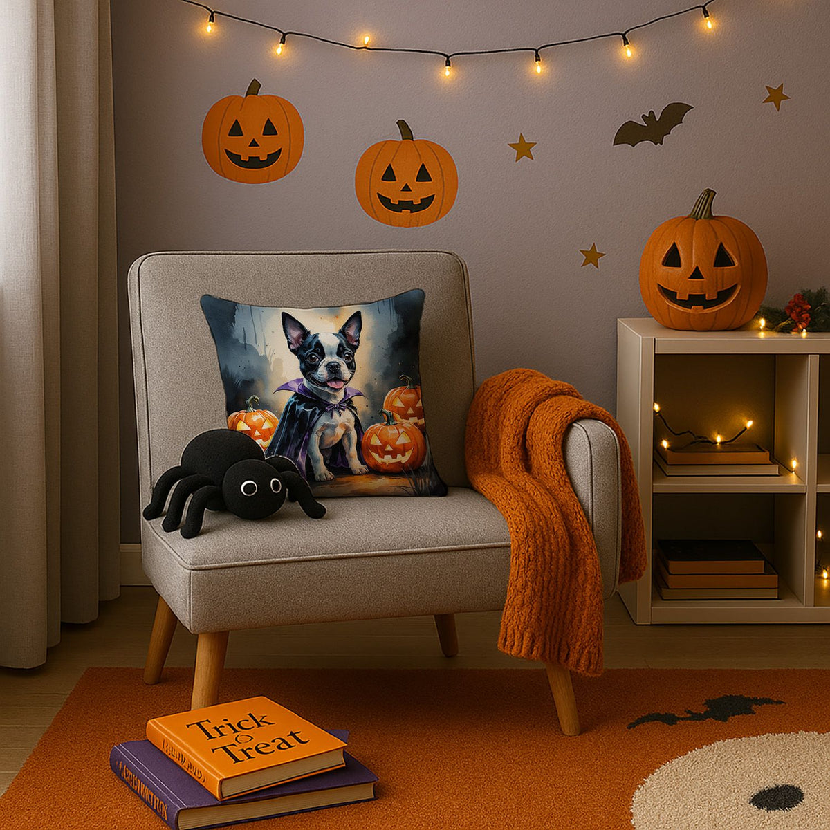 Boston Terrier Puppy Halloween Throw Pillow Indoor/Outdoor Decorative Throw Pillow, 14 x 14 in - product view 3