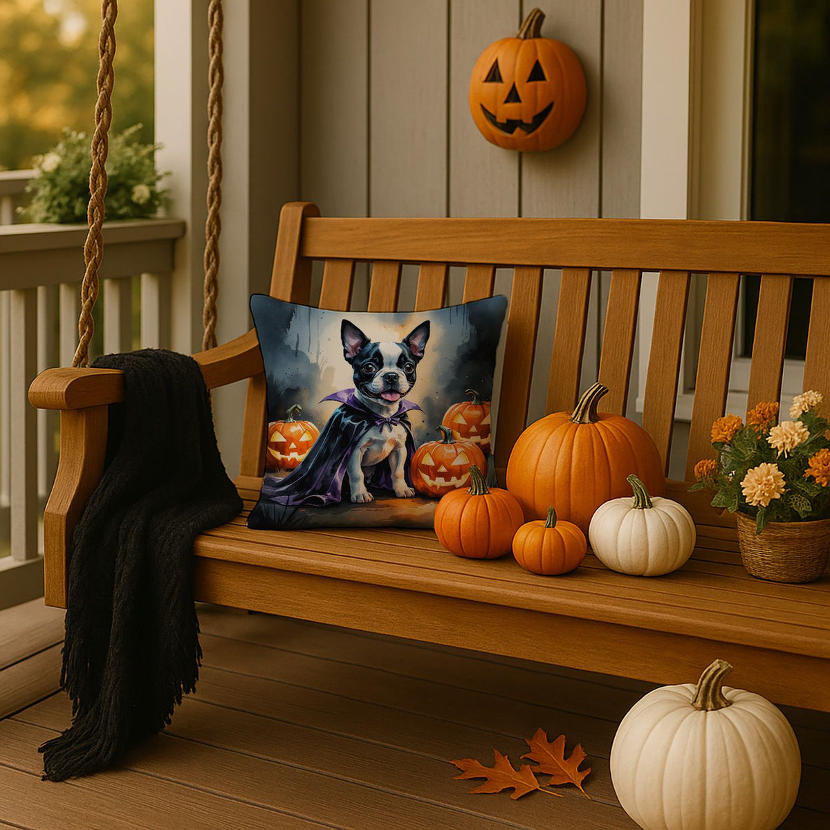 Boston Terrier Puppy Halloween Throw Pillow Indoor/Outdoor Decorative Throw Pillow, 14 x 14 in - product view 2