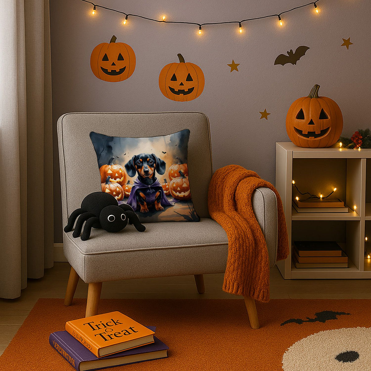Dachshund Puppy Halloween Throw Pillow Indoor/Outdoor Decorative Throw Pillow, 14 x 14 in - product view 3