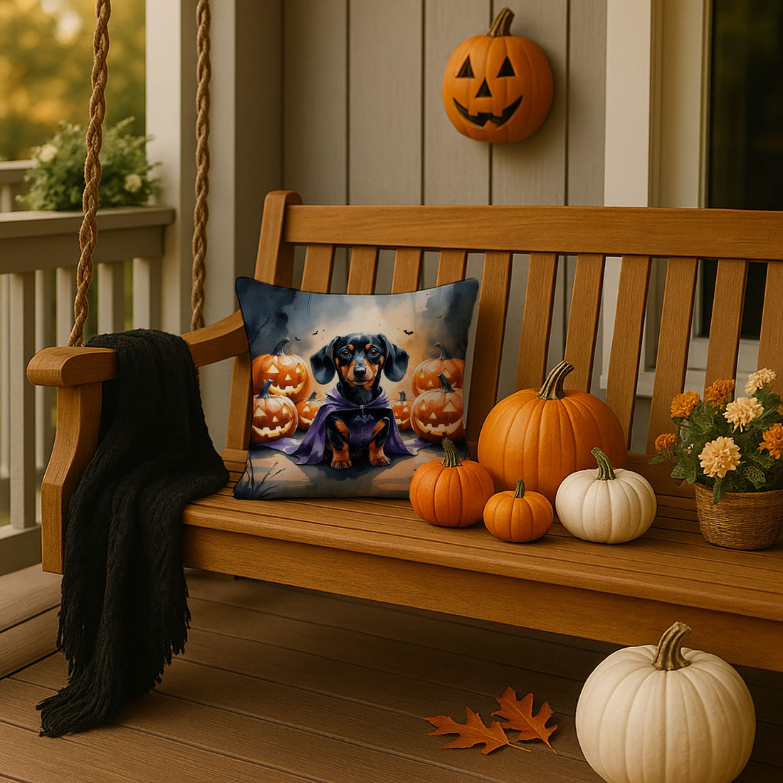 Dachshund Puppy Halloween Throw Pillow Indoor/Outdoor Decorative Throw Pillow, 14 x 14 in