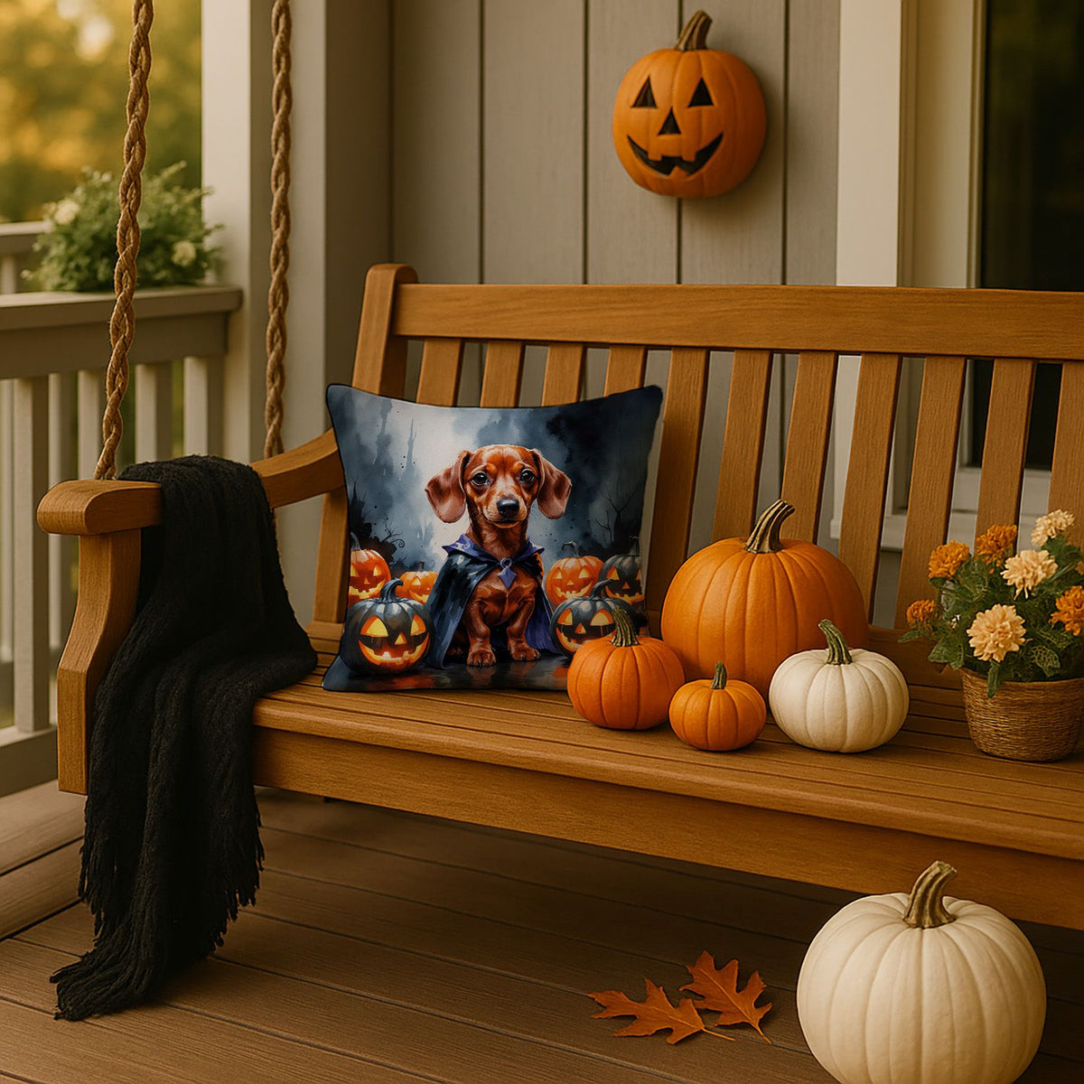 Red Dachshund Puppy Halloween Throw Pillow Indoor/Outdoor Decorative Throw Pillow, 14 x 14 in - product view 2