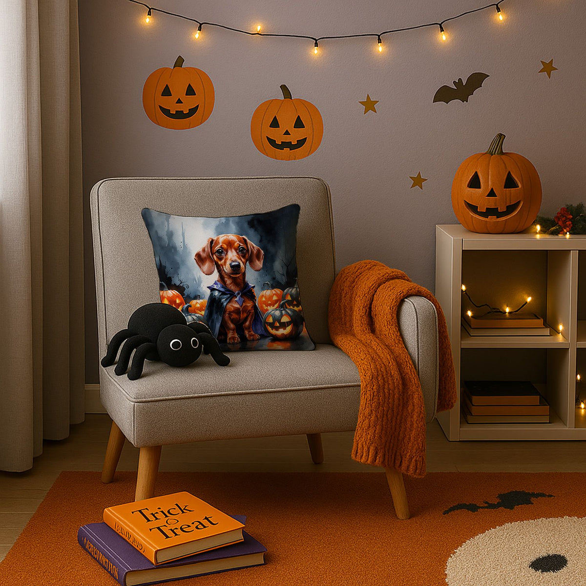 Red Dachshund Puppy Halloween Throw Pillow Indoor/Outdoor Decorative Throw Pillow, 14 x 14 in - product view 3