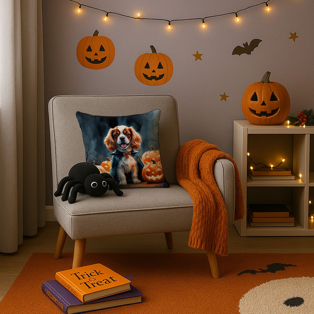 Cavalier Spaniel Puppy Halloween Throw Pillow Indoor/Outdoor Decorative Throw Pillow, 14 x 14 in - product view 3