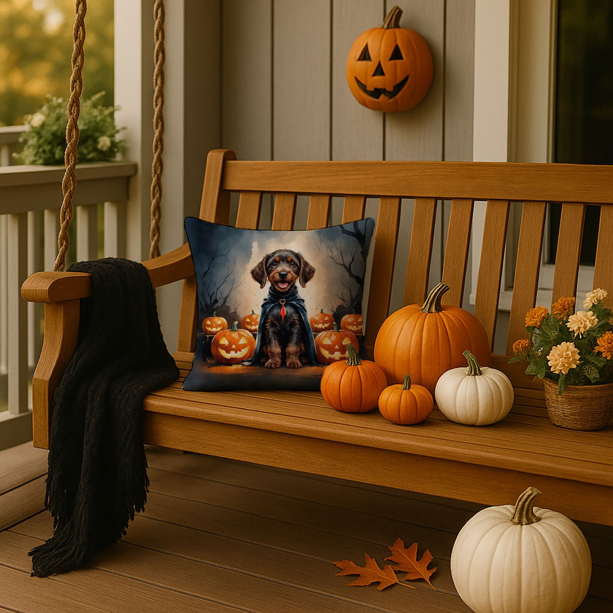 German Wirehaired Pointer Puppy Halloween Throw Pillow Indoor/Outdoor Decorative Throw Pillow, 14 x 14 in - product view 2
