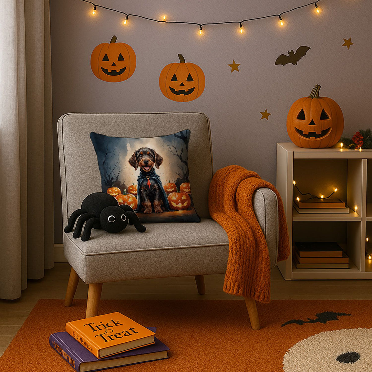 German Wirehaired Pointer Puppy Halloween Throw Pillow Indoor/Outdoor Decorative Throw Pillow, 14 x 14 in - product view 3