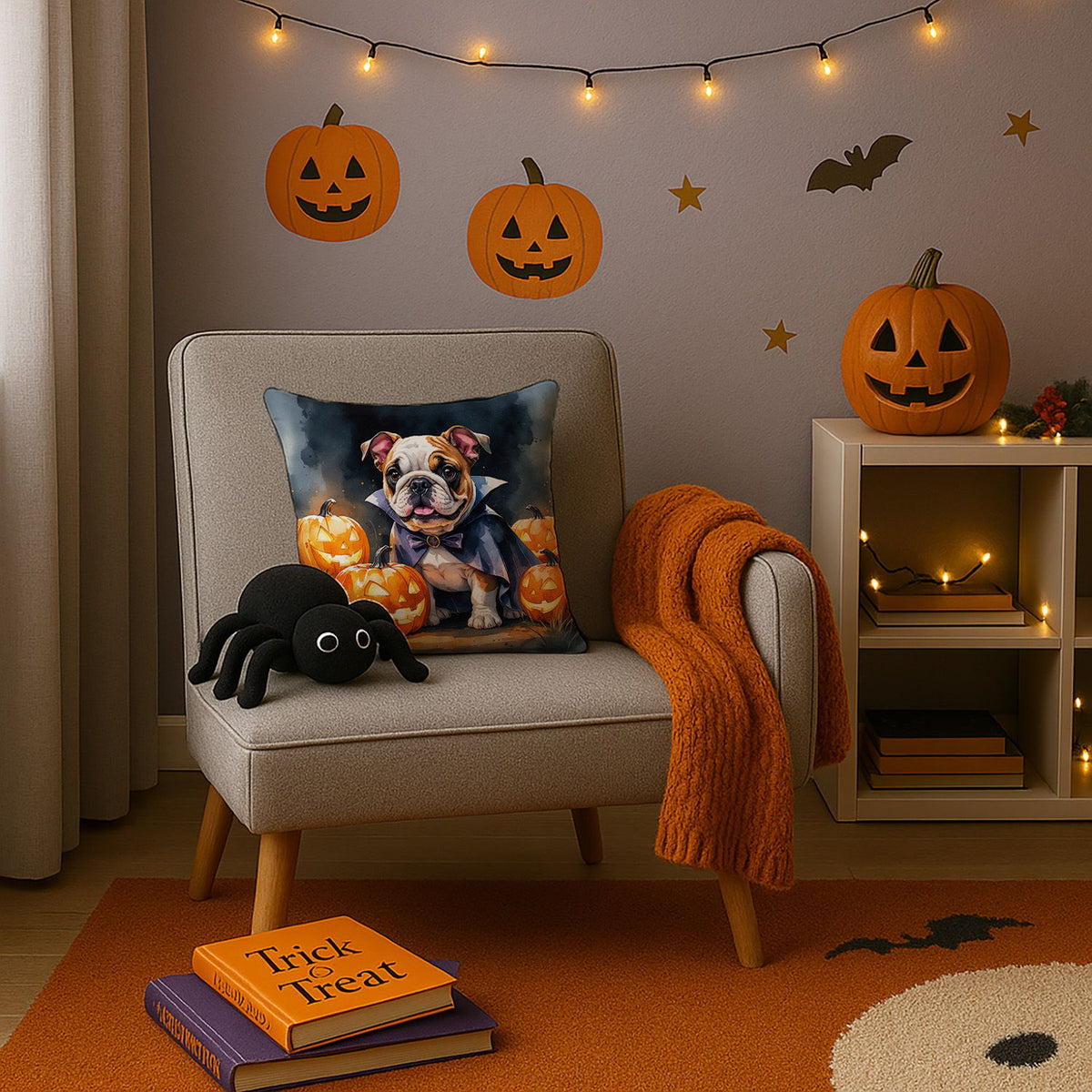 English Bulldog Puppy Halloween Throw Pillow Indoor/Outdoor Decorative Throw Pillow, 14 x 14 in - product view 3