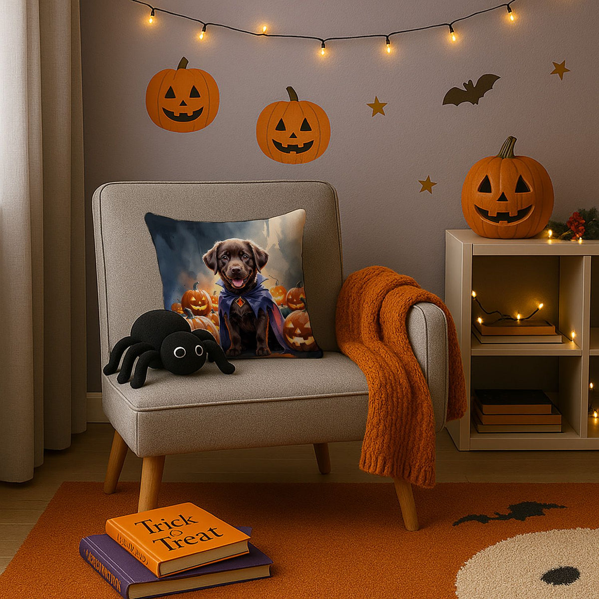 Chocolate Labrador Retriever Puppy Halloween Throw Pillow Indoor/Outdoor Decorative Throw Pillow, 14 x 14 in - product view 3