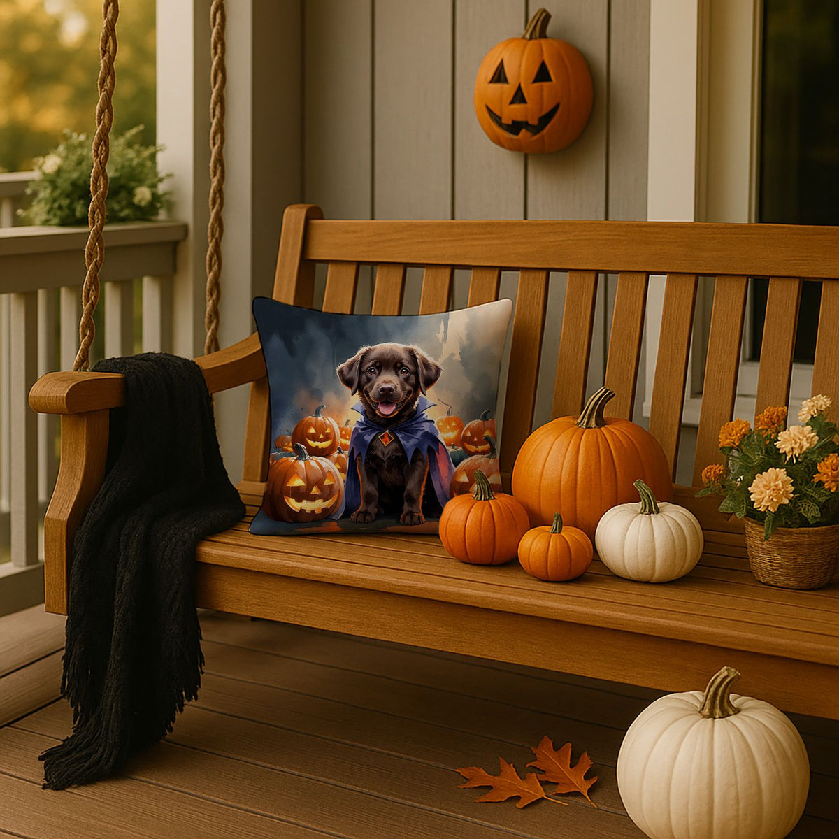 Chocolate Labrador Retriever Puppy Halloween Throw Pillow Indoor/Outdoor Decorative Throw Pillow, 14 x 14 in - product view 2