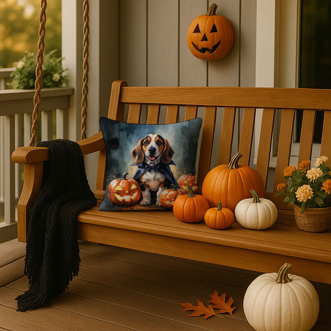 Basset Hound Puppy Halloween Throw Pillow Indoor/Outdoor Decorative Throw Pillow, 14 x 14 in