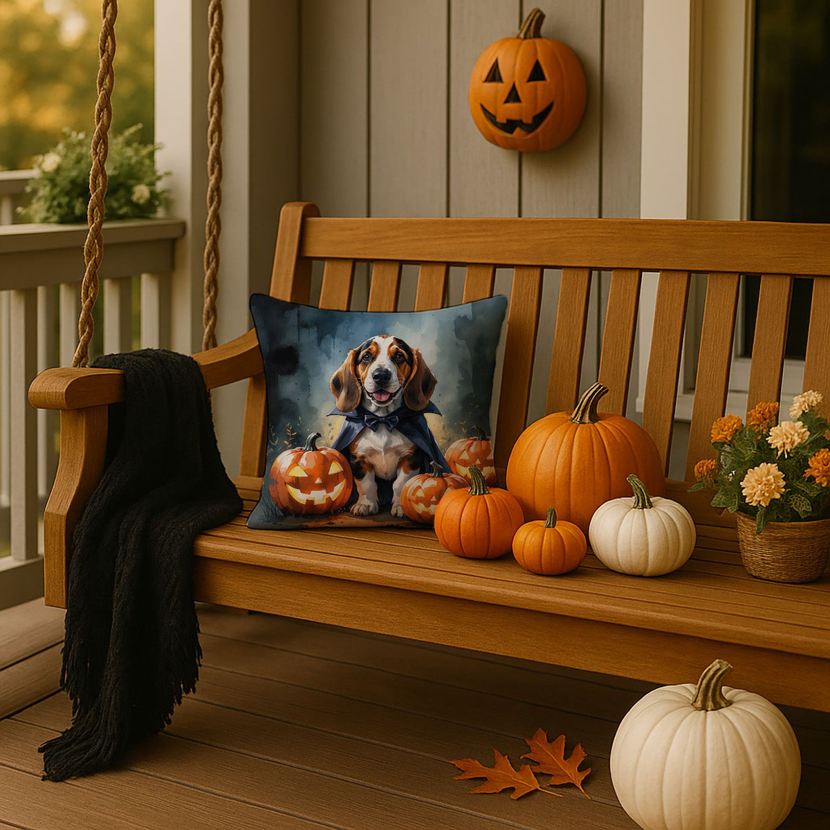 Basset Hound Puppy Halloween Throw Pillow Indoor/Outdoor Decorative Throw Pillow, 14 x 14 in - product view 2