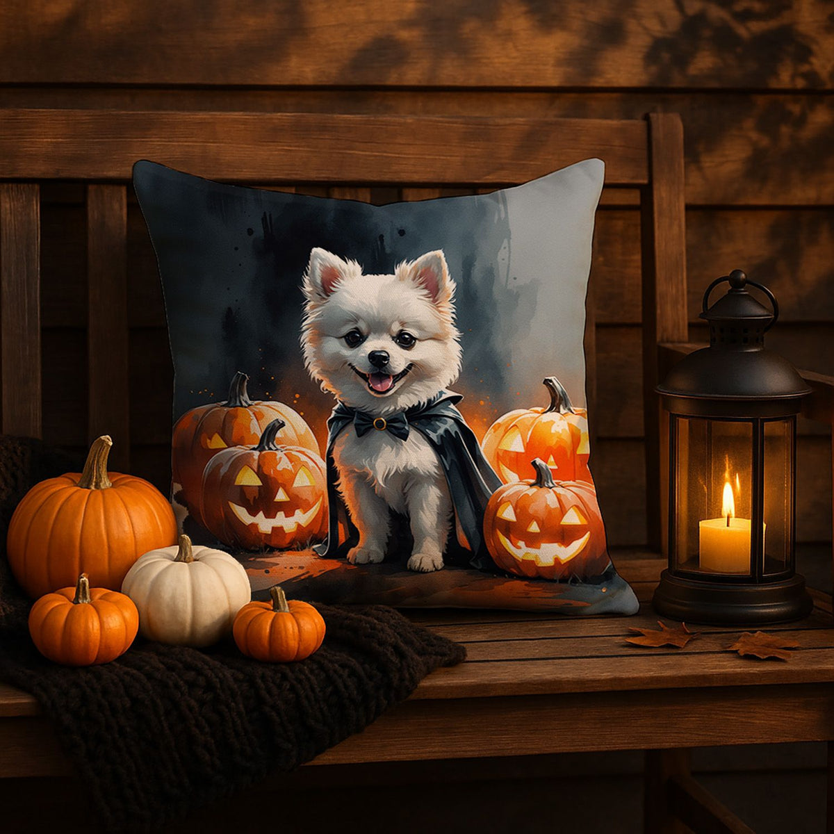 White Pomeranian Puppy Halloween Throw Pillow Indoor/Outdoor Decorative Throw Pillow, 18 x 18 in - product view 5