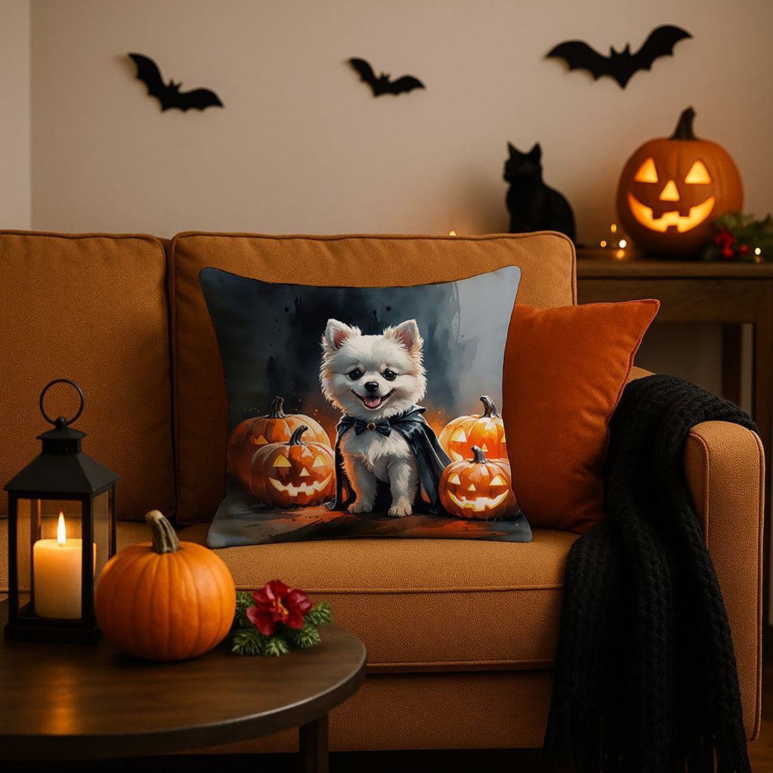 White Pomeranian Puppy Halloween Throw Pillow Indoor/Outdoor Decorative Throw Pillow, 18 x 18 in