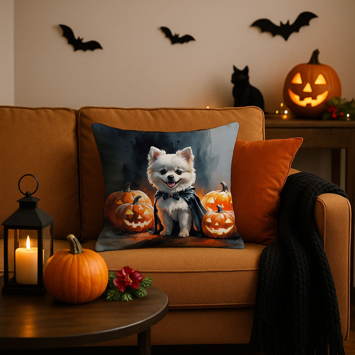 White Pomeranian Puppy Halloween Throw Pillow Indoor/Outdoor Decorative Throw Pillow, 18 x 18 in - product view 2