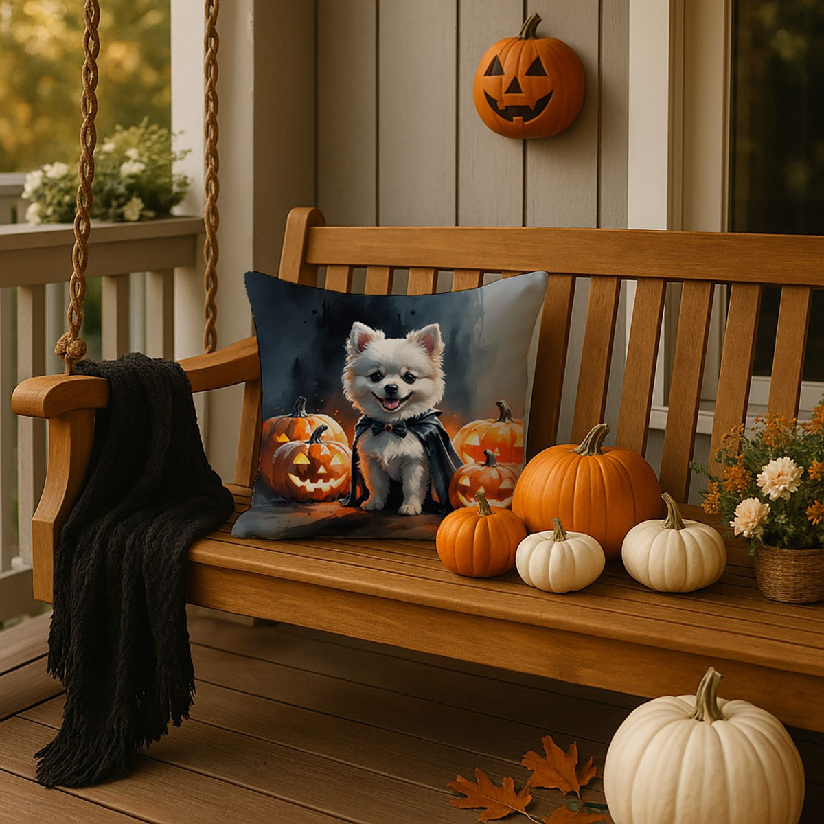 White Pomeranian Puppy Halloween Throw Pillow Indoor/Outdoor Decorative Throw Pillow, 18 x 18 in - product view 4
