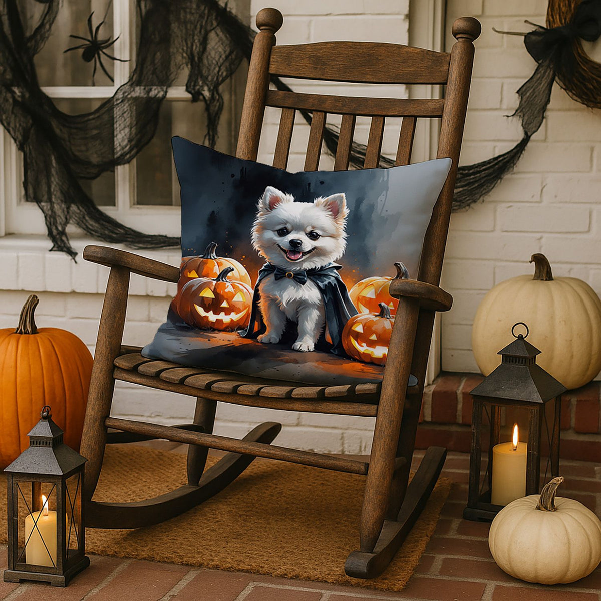 White Pomeranian Puppy Halloween Throw Pillow Indoor/Outdoor Decorative Throw Pillow, 18 x 18 in - product view 3