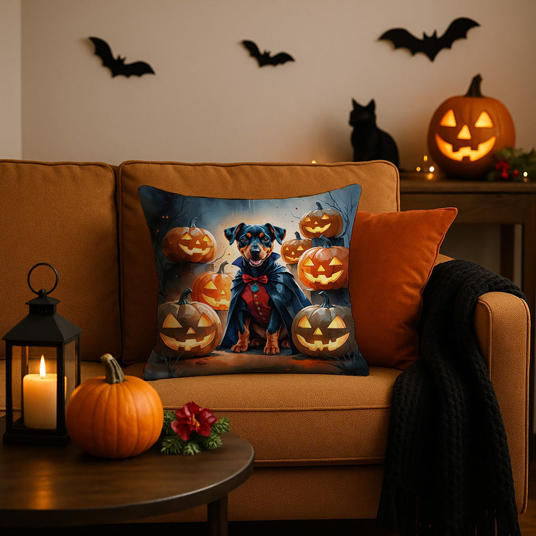 Doberman Pinscher Puppy Halloween Throw Pillow Indoor/Outdoor Decorative Throw Pillow, 18 x 18 in