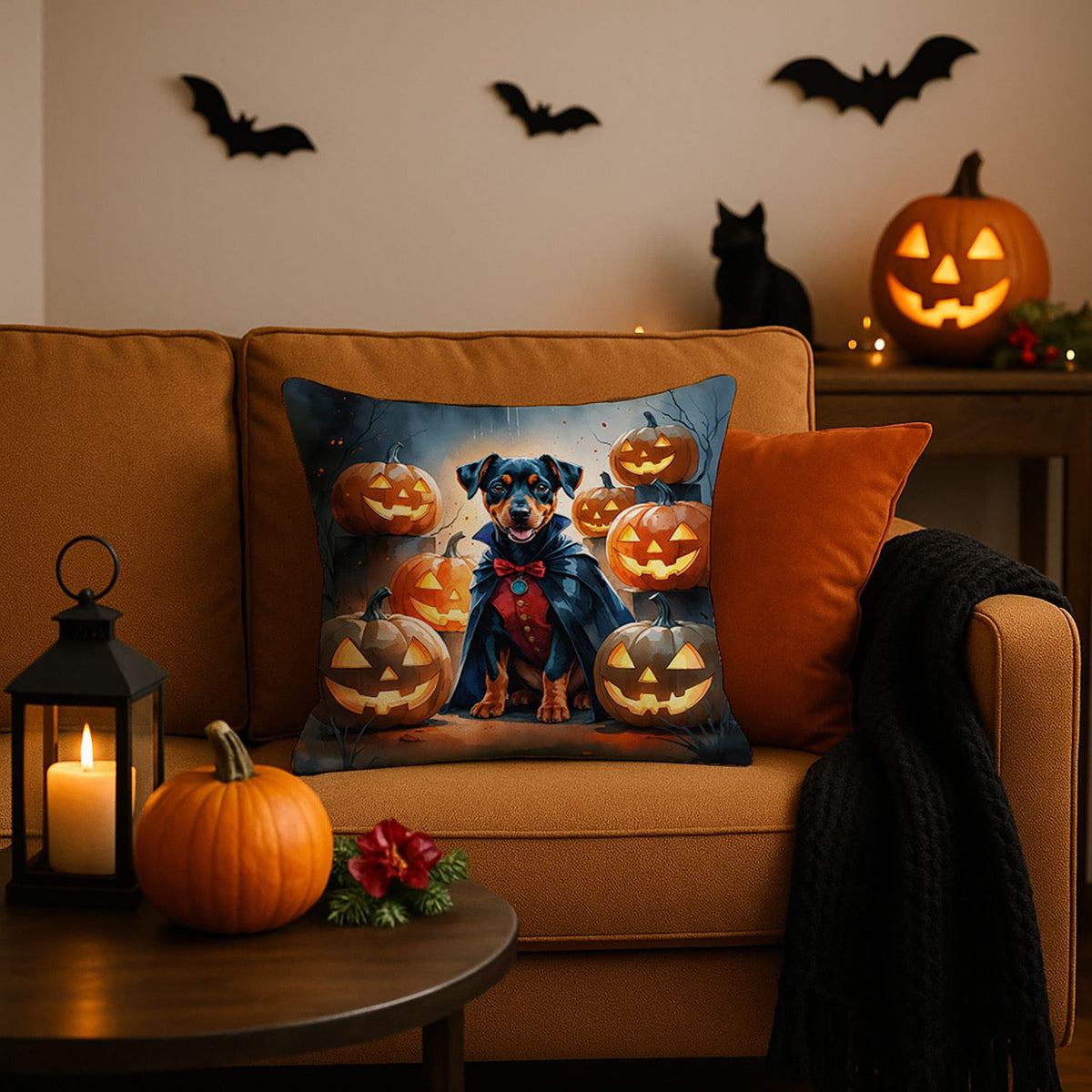 Doberman Pinscher Puppy Halloween Throw Pillow Indoor/Outdoor Decorative Throw Pillow, 18 x 18 in - product view 2