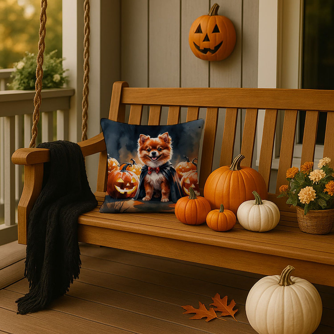 Pomeranian Puppy Halloween Throw Pillow Indoor/Outdoor Decorative Throw Pillow, 14 x 14 in