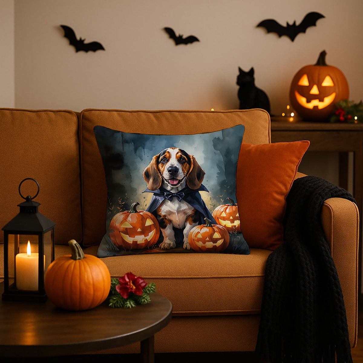 Basset Hound Puppy Halloween Throw Pillow Indoor/Outdoor Decorative Throw Pillow, 18 x 18 in - product view 2