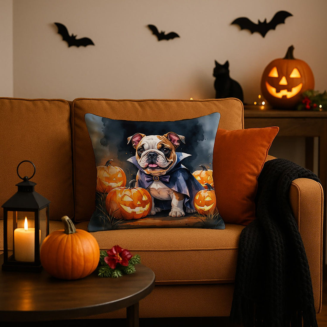English Bulldog Puppy Halloween Throw Pillow Indoor/Outdoor Decorative Throw Pillow, 18 x 18 in
