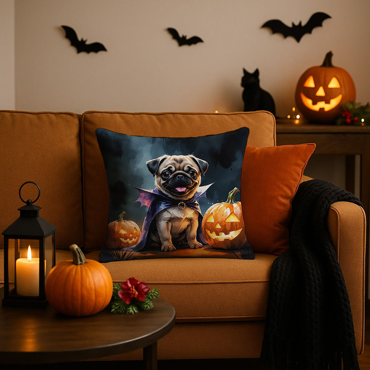 Pug Puppy Halloween Throw Pillow Indoor/Outdoor Decorative Throw Pillow, 18 x 18 in - product view 2