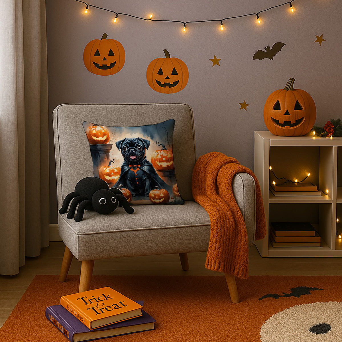 Black Pug Puppy Halloween Throw Pillow Indoor/Outdoor Decorative Throw Pillow, 14 x 14 in - product view 3