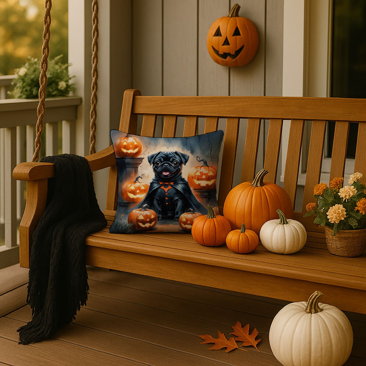 Black Pug Puppy Halloween Throw Pillow Indoor/Outdoor Decorative Throw Pillow, 14 x 14 in - product view 2