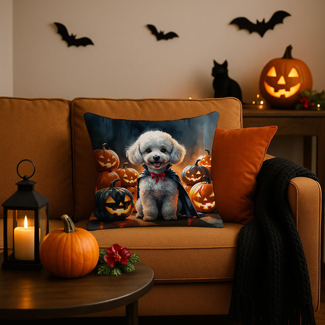 White Poodle Puppy Halloween Throw Pillow Indoor/Outdoor Decorative Throw Pillow, 18 x 18 in