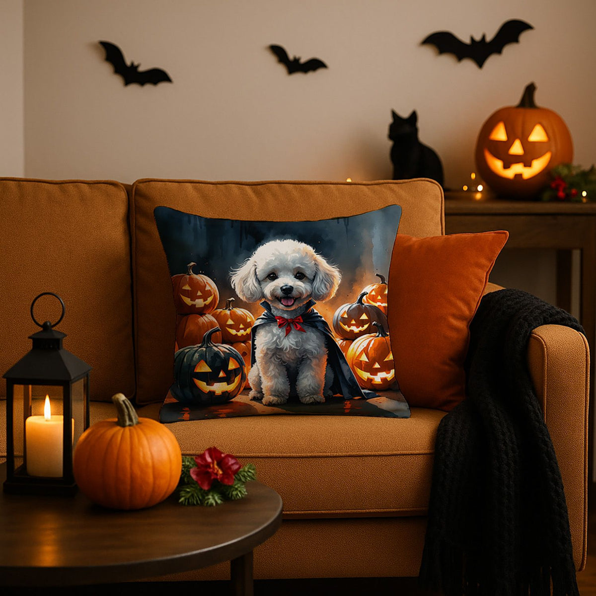 White Poodle Puppy Halloween Throw Pillow Indoor/Outdoor Decorative Throw Pillow, 18 x 18 in - product view 2