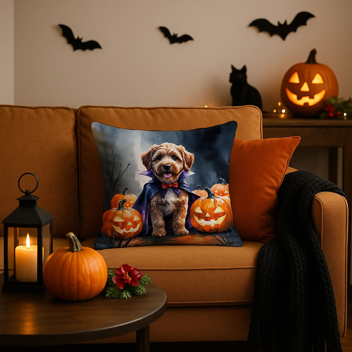 Chocolate Labradoodle Puppy Halloween Throw Pillow Indoor/Outdoor Decorative Throw Pillow, 18 x 18 in - product view 2