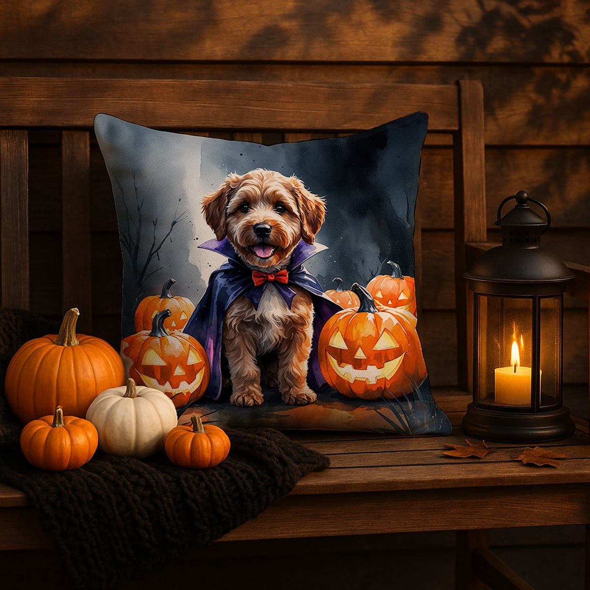 Chocolate Labradoodle Puppy Halloween Throw Pillow Indoor/Outdoor Decorative Throw Pillow, 18 x 18 in - product view 5