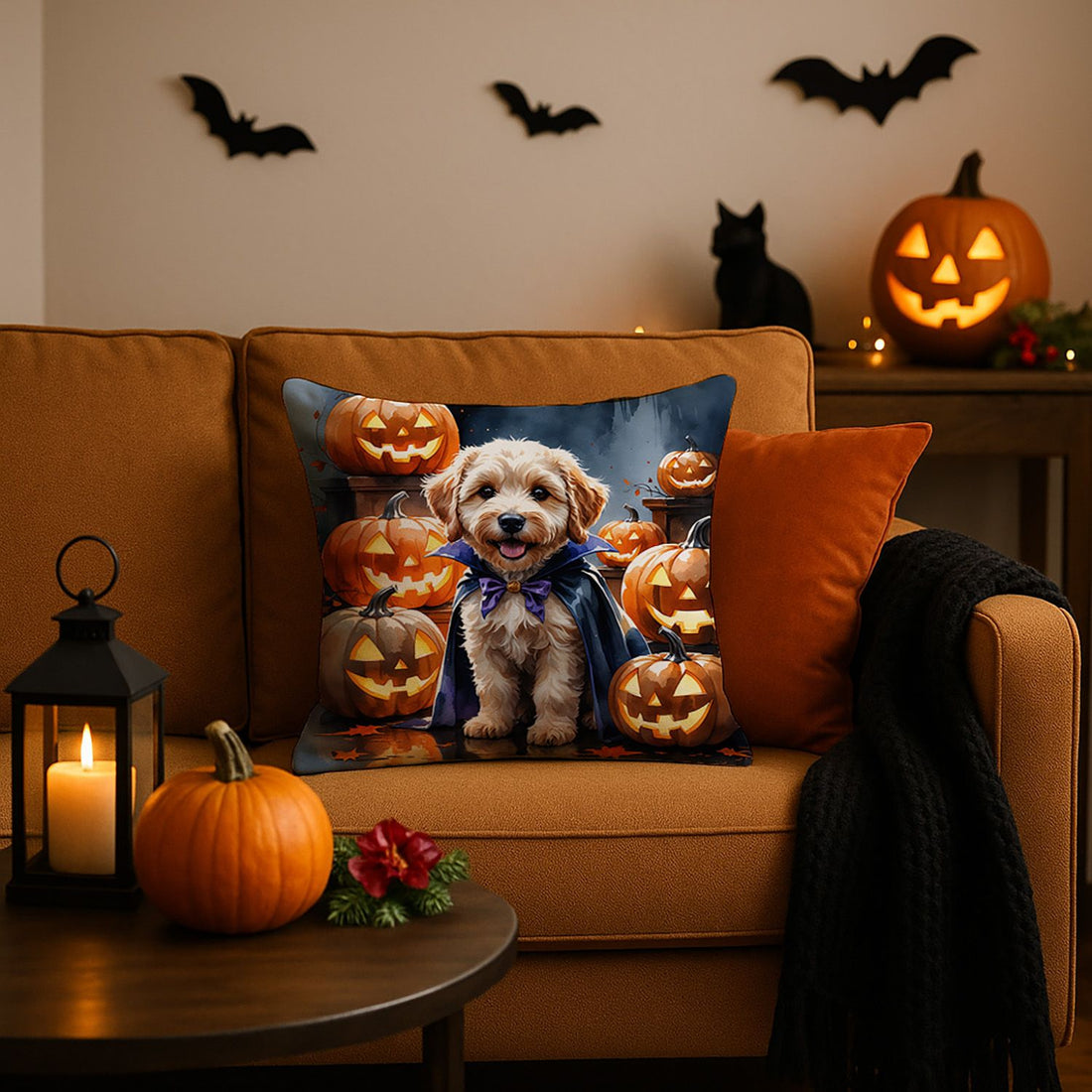 Labradoodle Puppy Halloween Throw Pillow Indoor/Outdoor Decorative Throw Pillow, 18 x 18 in