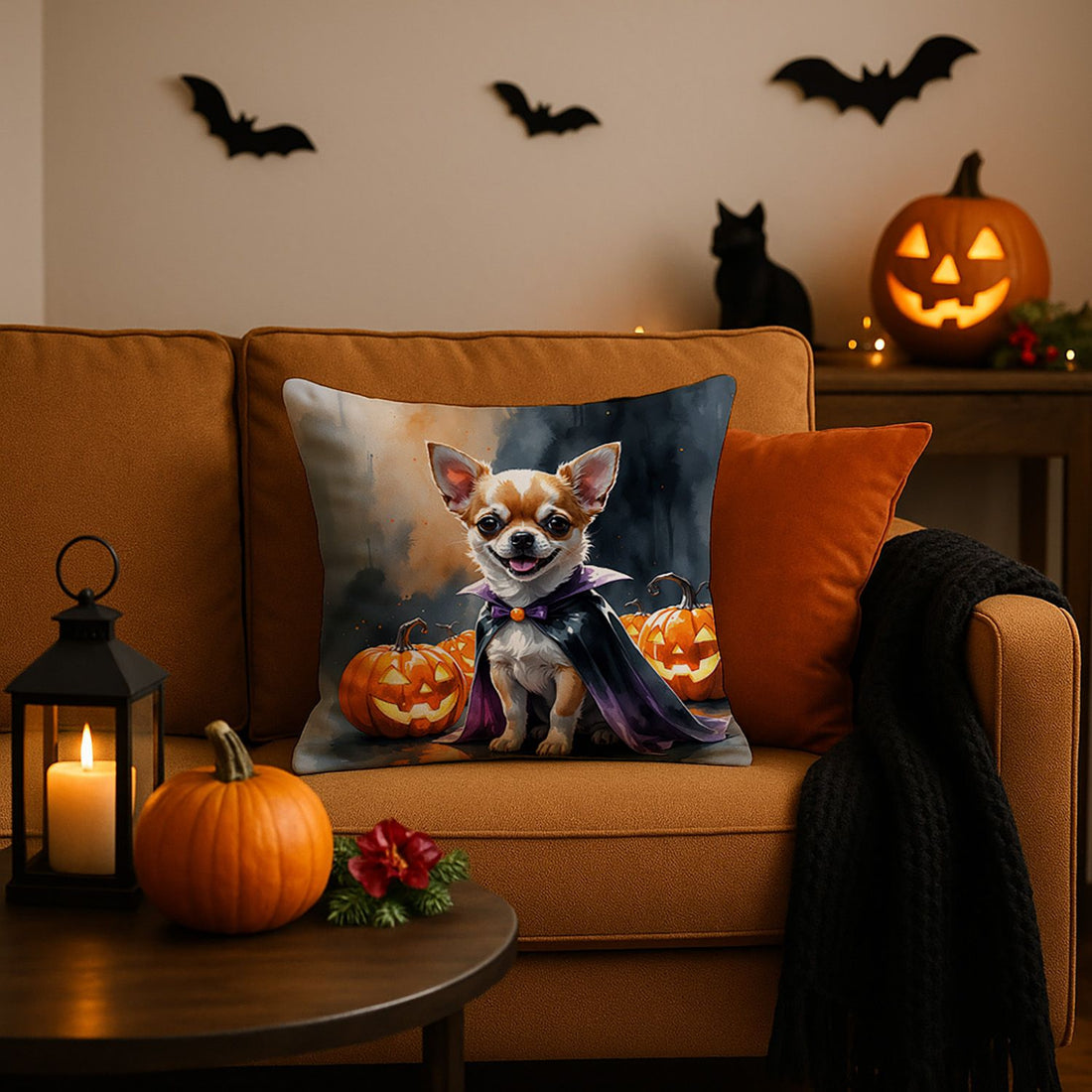 Chihuahua Puppy Halloween Throw Pillow Indoor/Outdoor Decorative Throw Pillow, 18 x 18 in