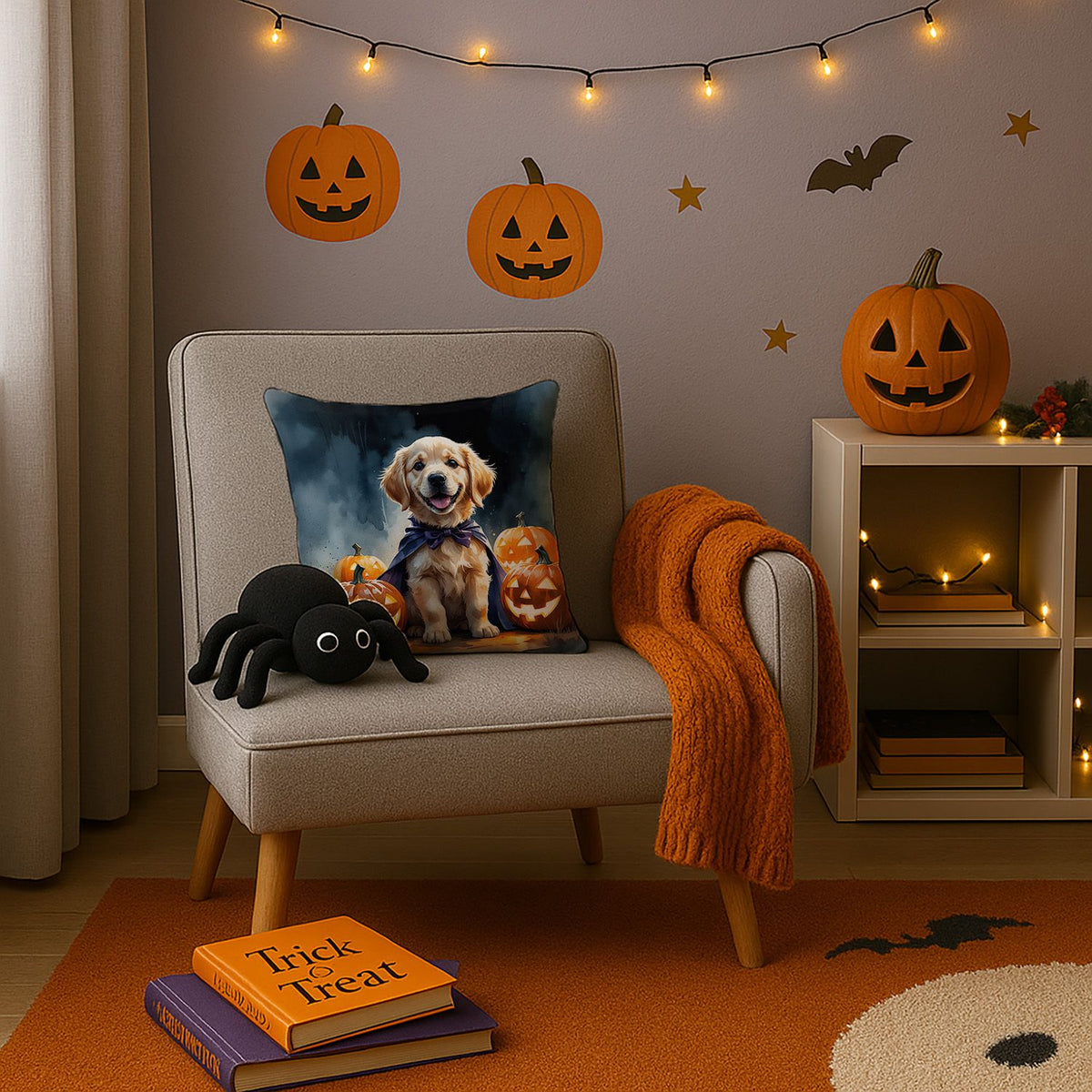 Golden Retriever Puppy Halloween Throw Pillow Indoor/Outdoor Decorative Throw Pillow, 14 x 14 in - product view 3