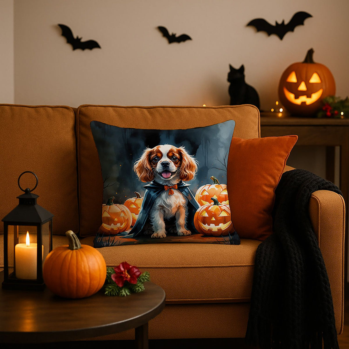 Cavalier Spaniel Puppy Halloween Throw Pillow Indoor/Outdoor Decorative Throw Pillow, 18 x 18 in - product view 2
