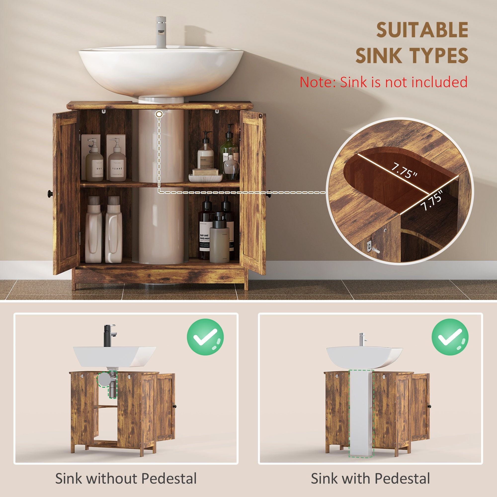 HOMCOM Under-Sink Bathroom Vanity Cabinet, Rustic Brown