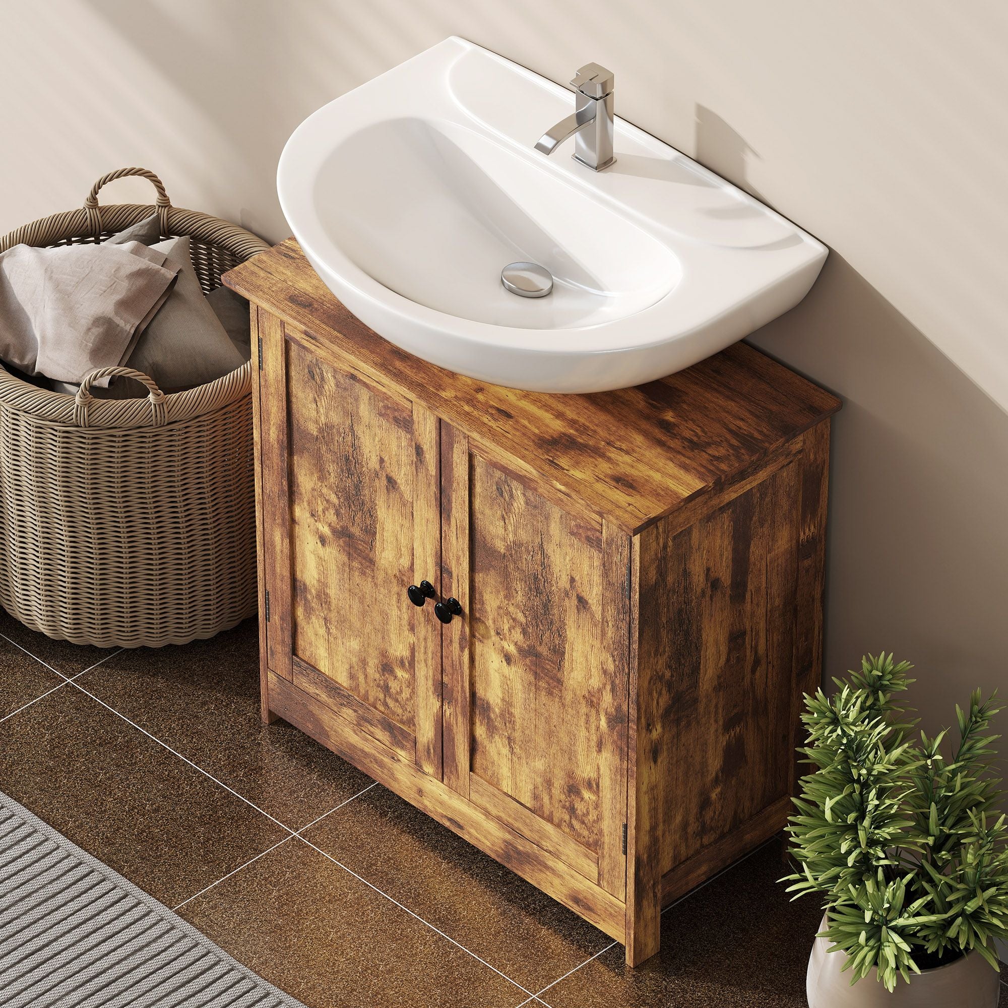 HOMCOM Under-Sink Bathroom Vanity Cabinet, Rustic Brown