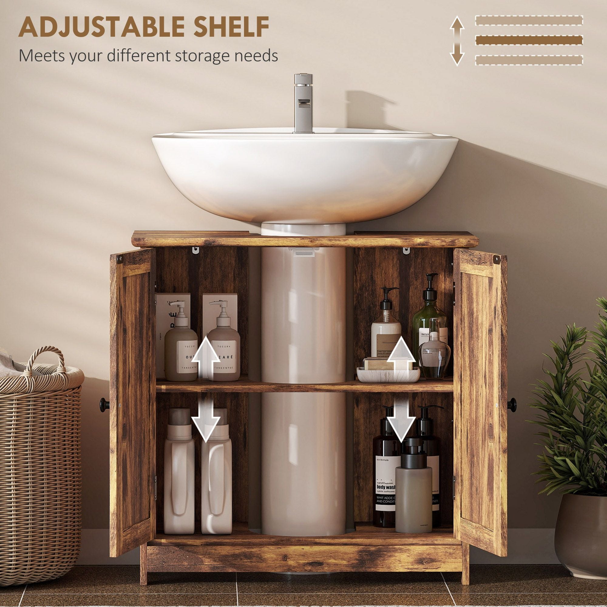 HOMCOM Under-Sink Bathroom Vanity Cabinet, Rustic Brown