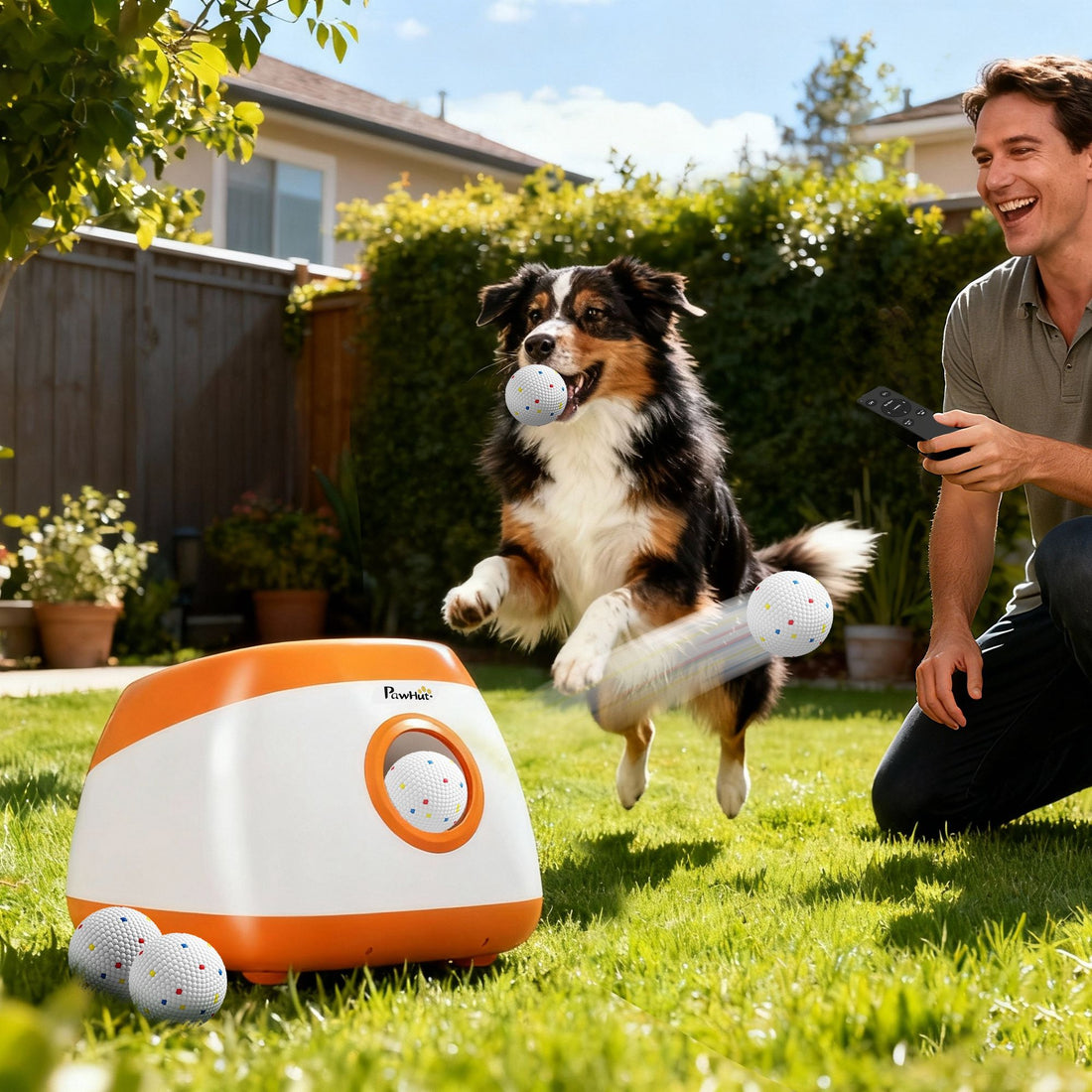PawHut Automatic Dog Ball Launcher with Remote and 6 Balls, Orange