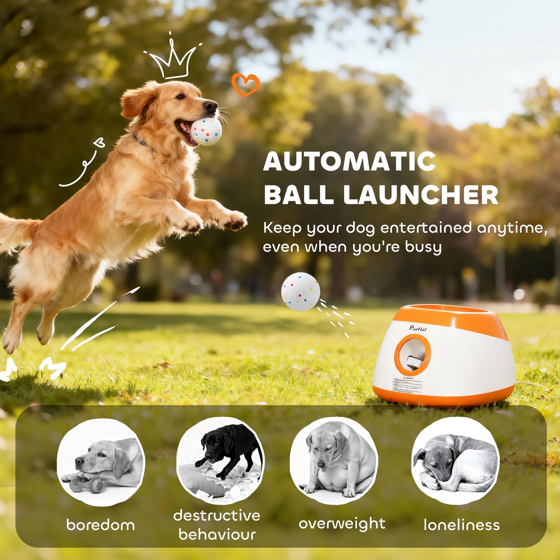 PawHut Automatic Dog Ball Launcher with Remote and 6 Balls, Orange - product view 4
