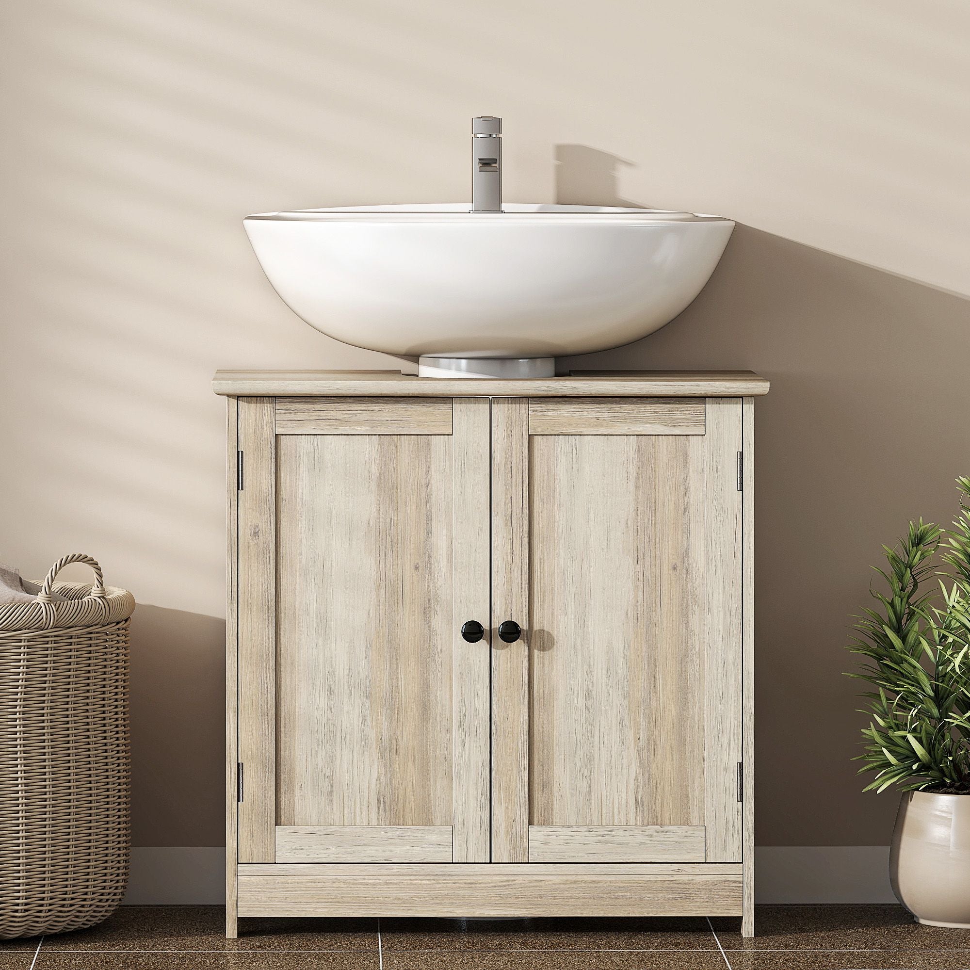 HOMCOM Under-Sink Bathroom Vanity Cabinet, Weathered Gray Oak